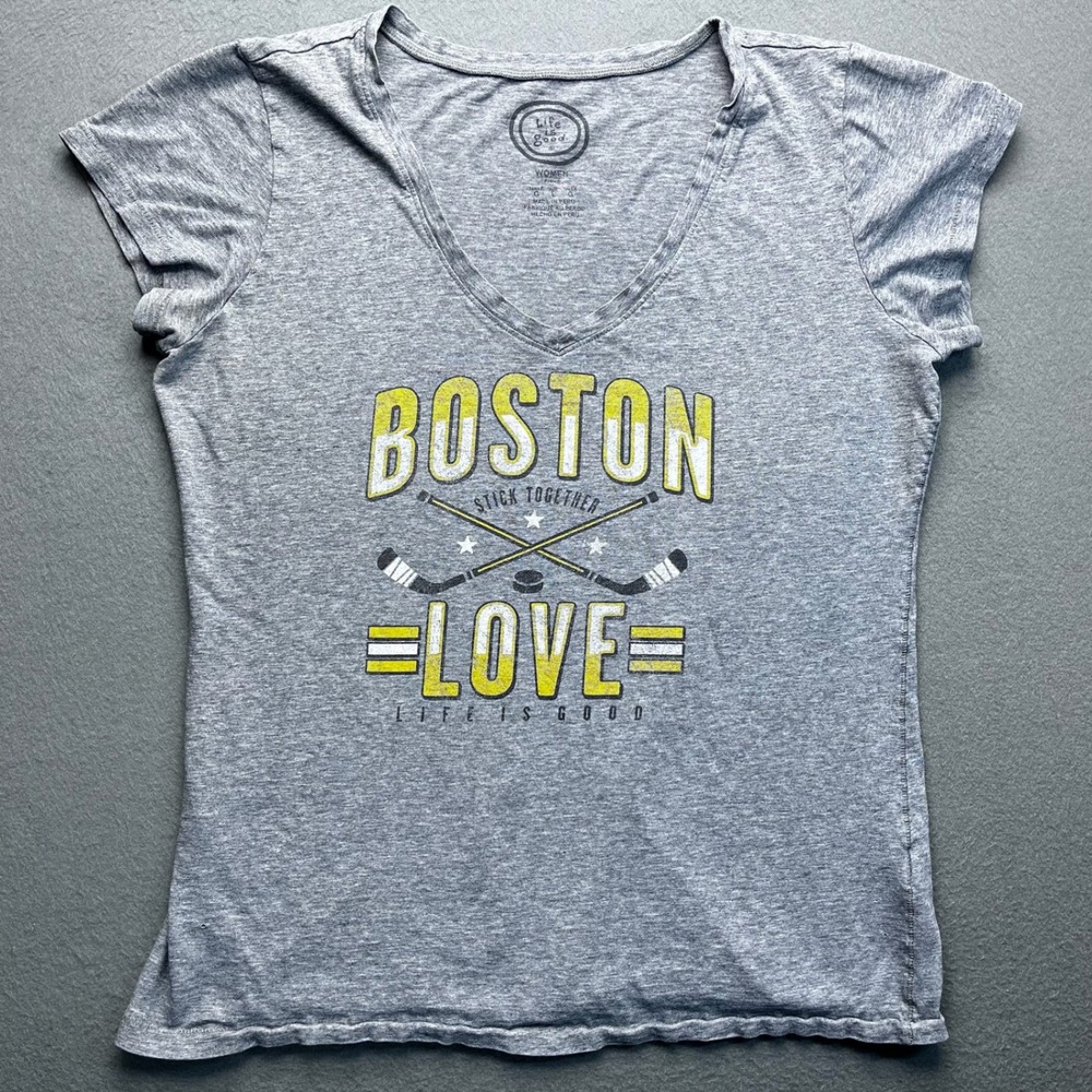 Life is Good Boston Hockey Stick Together Love V-Neck T-Shirt Women's Size Large